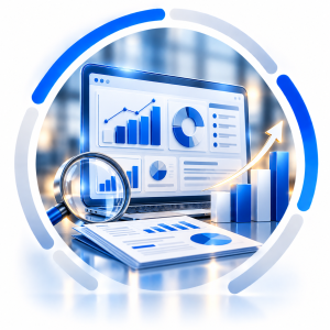Ícono de documento con gráficos y estadísticas titulado ‘Reports’, representando el módulo de Análisis y Reportes en SAP Business One