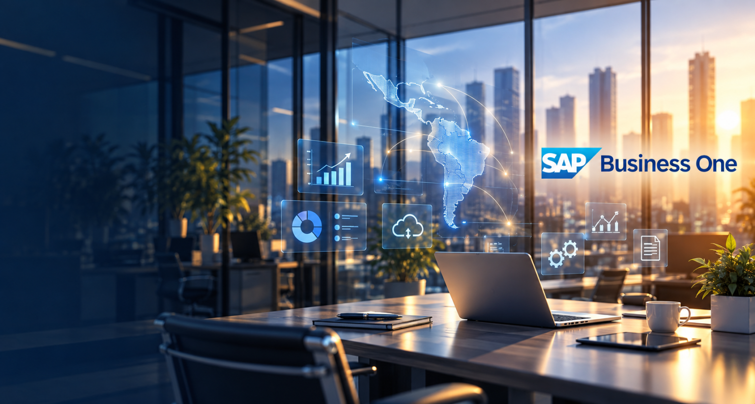 Banner corporativo con el mensaje ‘Transforma tu negocio con SAP Business One’, promoviendo automatización, eficiencia y rentabilidad con Addvisory Group Caribe. Incluye botón de contacto y logotipo de SAP Business One