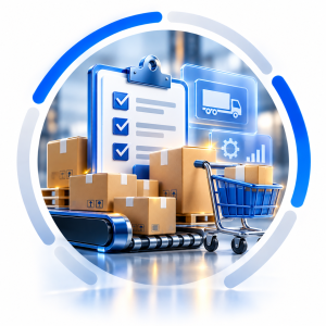 Ícono con carrito, caja registradora y dispositivo móvil, representando el módulo de Compras y Operaciones de SAP Business On
