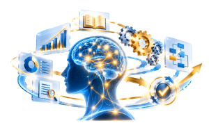 Ícono de un perfil humano con engranajes, representando inteligencia estratégica, análisis de procesos y experiencia en planificación empresarial