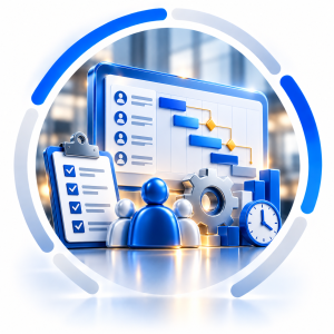 Ícono de portapapeles con lista de verificación, representando el módulo de Gestión de Recursos y Proyectos en SAP Business One