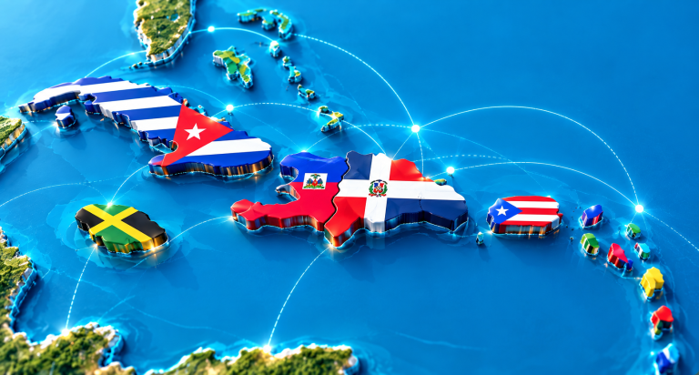 Mapa tridimensional del Caribe con banderas nacionales, destacando la cobertura local de SAP Business One en países como República Dominicana, Cuba, Haití, Puerto Rico y otros.