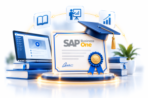 Ícono de un certificado con cinta azul, representando programas de formación y cursos de capacitación en SAP Business One.