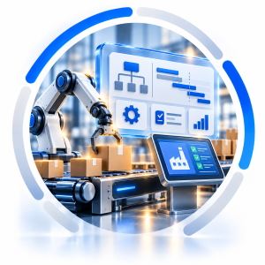 Ícono de línea de producción con señal de datos, representando el módulo de Producción y Planificación de Recursos (MRP) en SAP Business One.