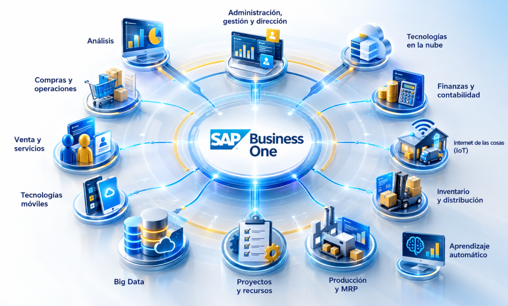 Diagrama circular de SAP Business One mostrando sus áreas funcionales clave: análisis, administración, finanzas, inventario, IoT, aprendizaje automático, producción, proyectos, ventas, compras, big data, tecnologías móviles y en la nube