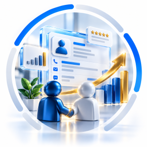 Ícono de dos figuras humanas junto a un mostrador, representando el módulo de Ventas y Servicios en SAP Business One.